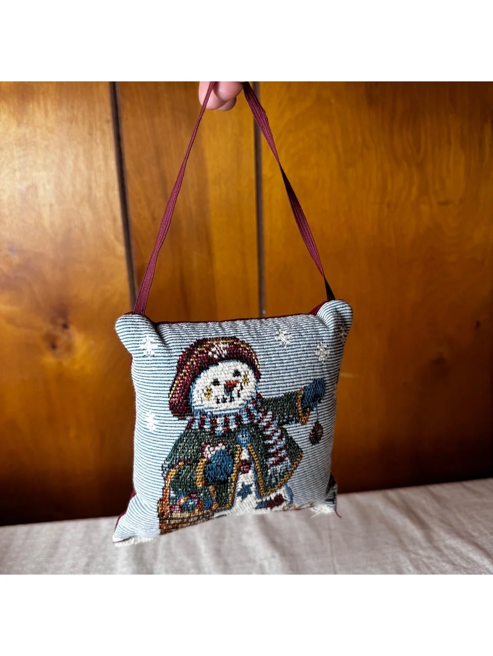 Vintage Longaberger Snowman Tapestry Hanging Pillow Ornament 6x6 Christmas Decor